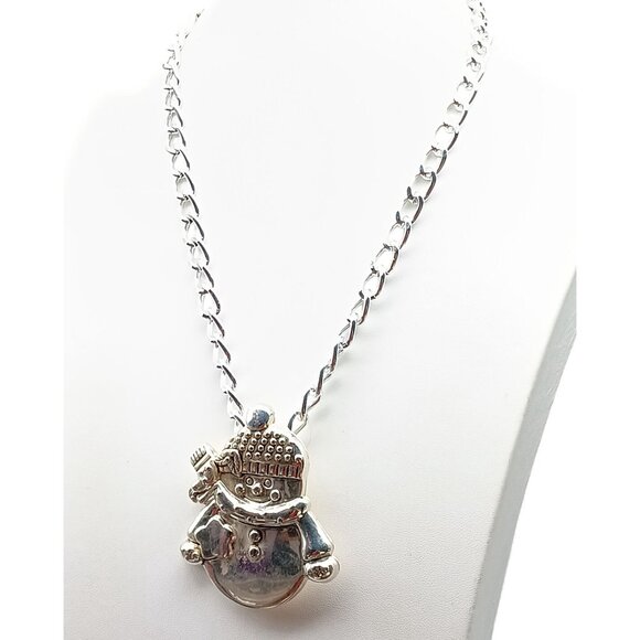 Best Jewelry - Vintage BEST Silver-Tone Snowman Pendant Brooch on Silver Tone Chunky Chain Neck